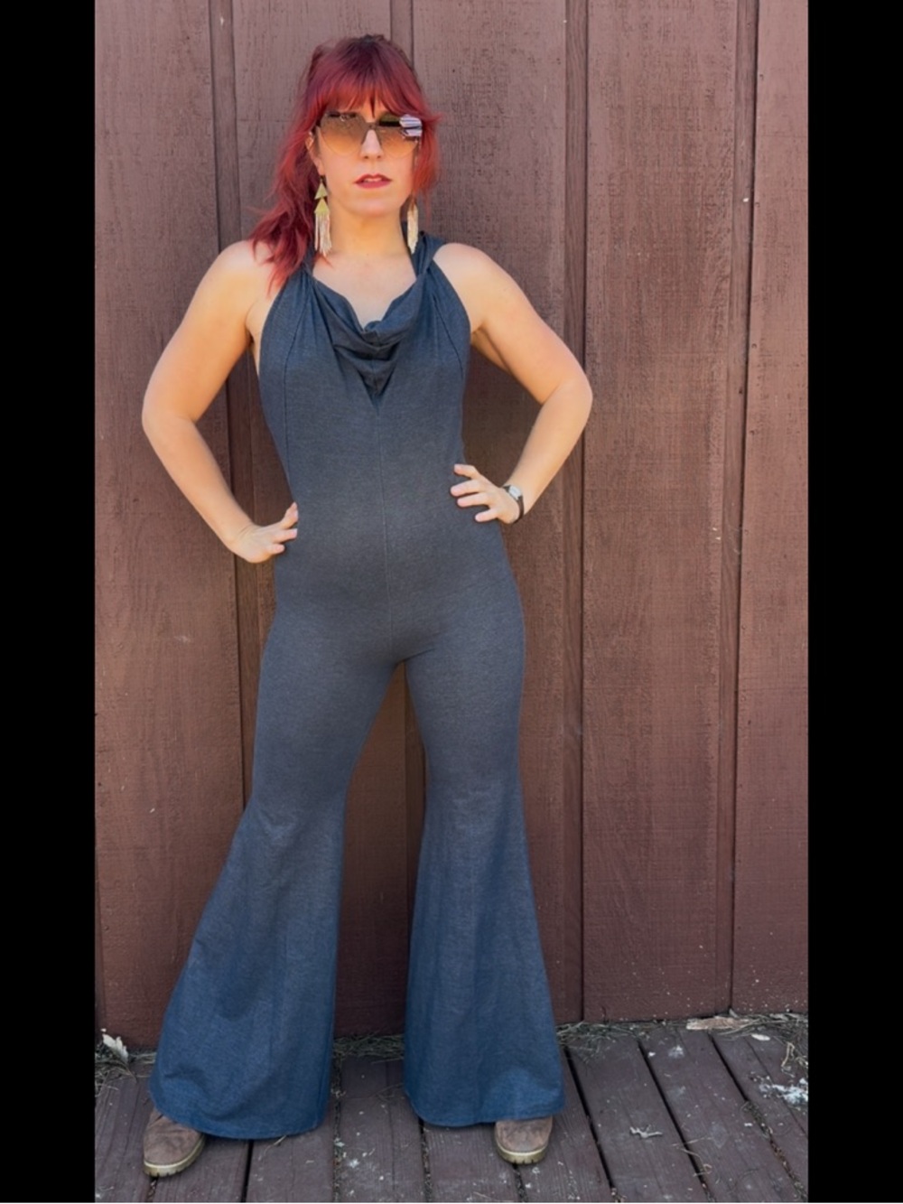Stretchy Denim Jumpsuit - Backless Halter Wide-Leg - Picture 3 of 8